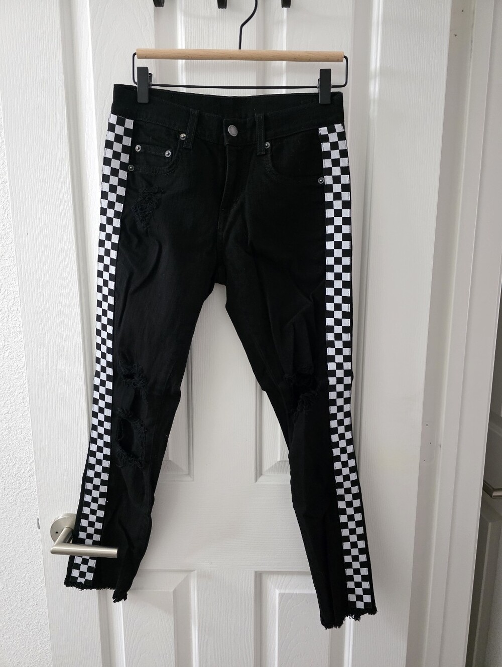 Carmar LF Checkerboard Side Striped Black Distressed Skinny Jeans